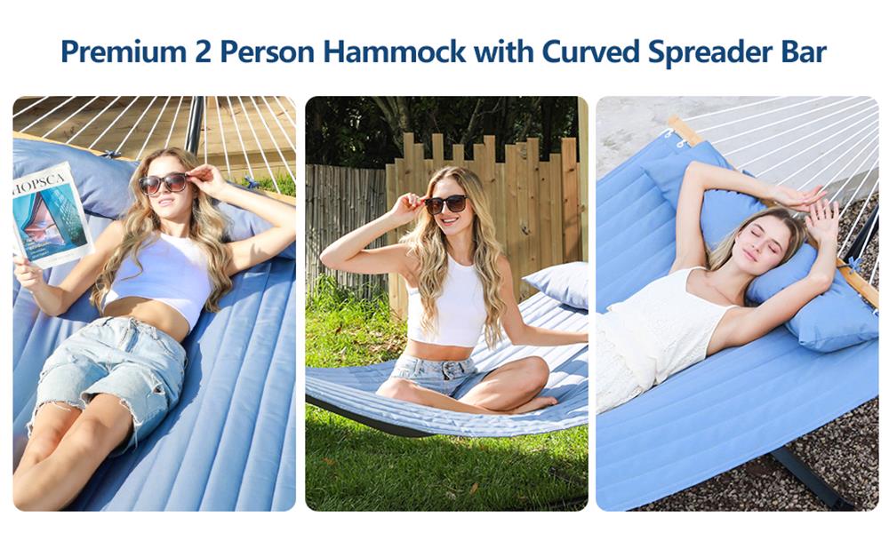 Pillow Equipped Portable Tree Hammock with quilted cotton bed and solid hardwood spreader bar