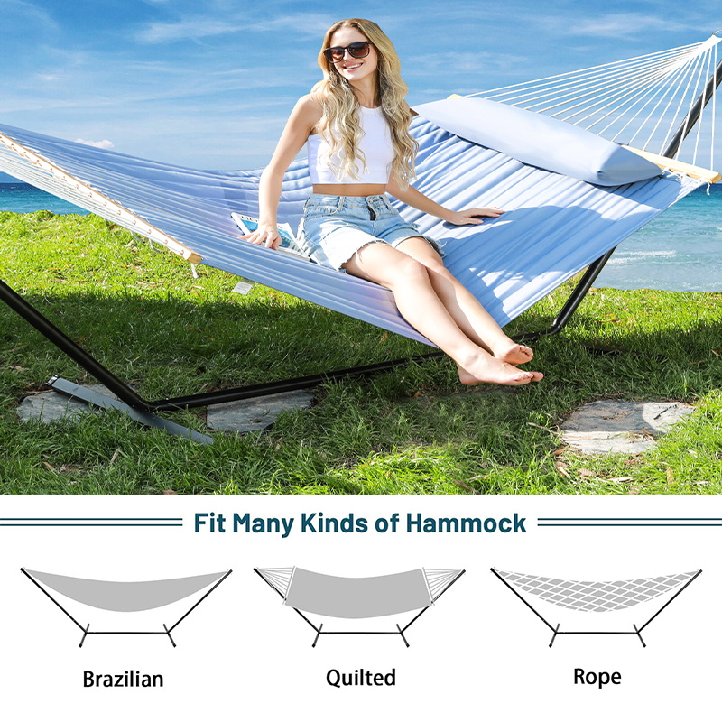 Black powder-coated outdoor steel hammock stand set up on a patio, demonstrating 200KG weight capacity and weather resistance