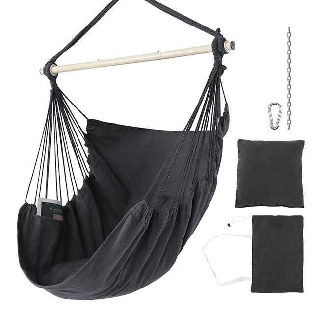 Dark Gray Hammock Hanging Chair Swing Chair Max 330Lbs, 2 Cushions, Large Size with Pocket, Steel Spreader Bar, Hardware Kits And Bag for Indoor Outdoor 