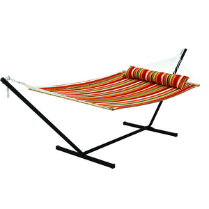 Double Hammock with Spreader Bar Hammocks Quilted Fabric Hammock with Soft Pillow Max 440lbs Capacity Orange Stripes