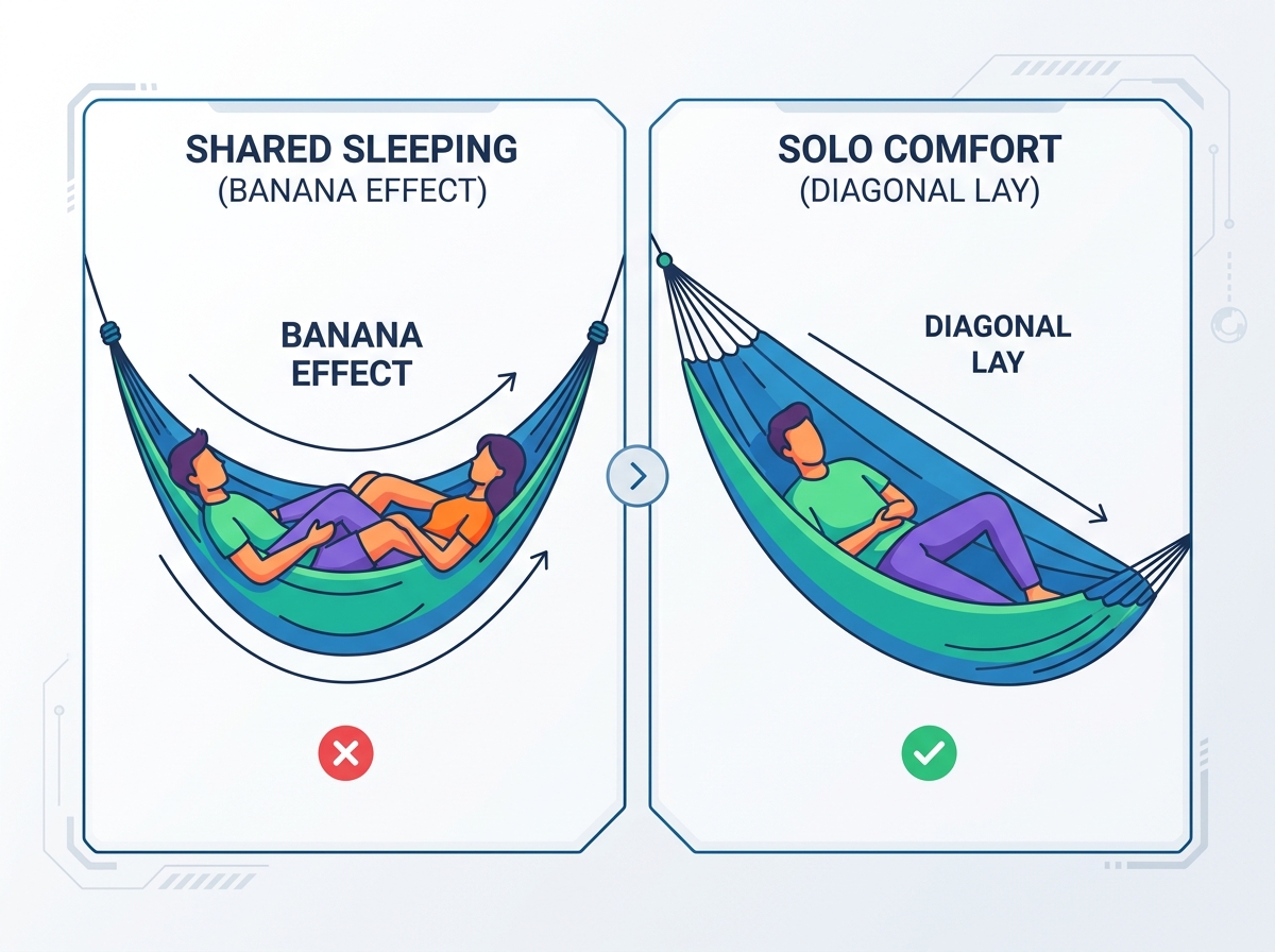 Two-person hammock setup in a forested area highlighting width and suspension