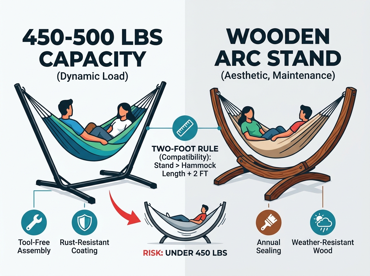 A sturdy two-person hammock stand setup outdoors