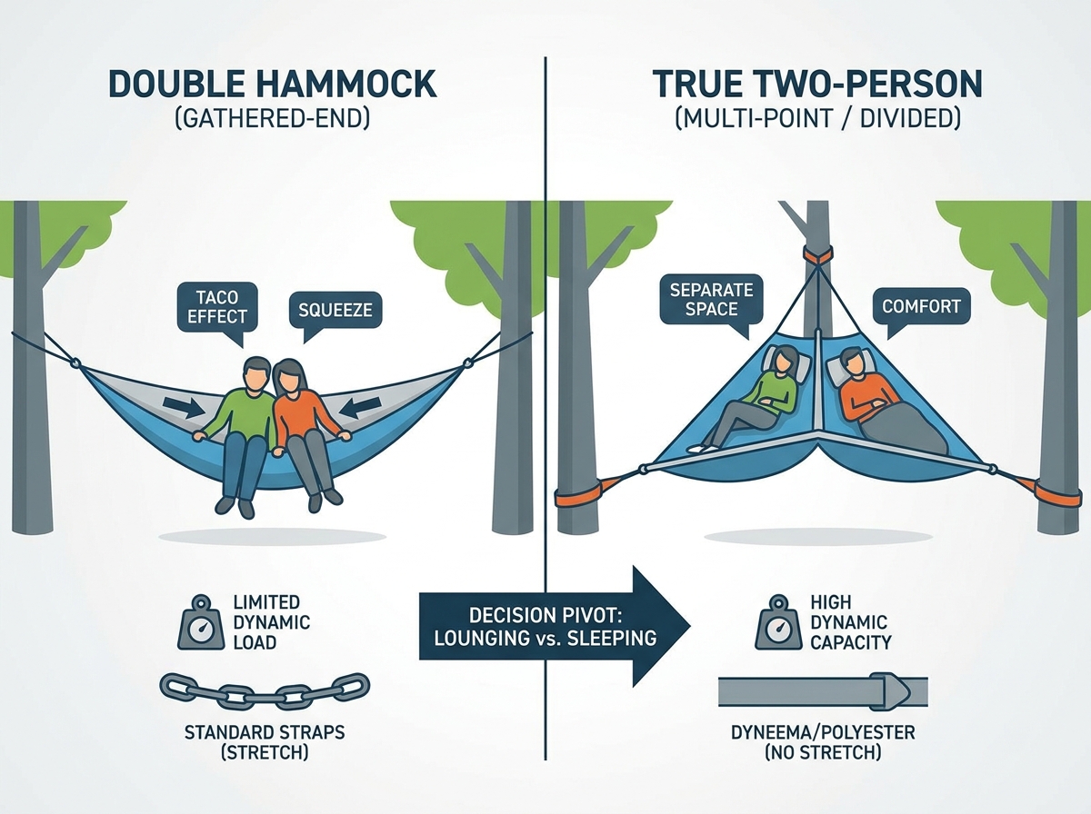 Two-person hammock suspended between trees in a forest setup