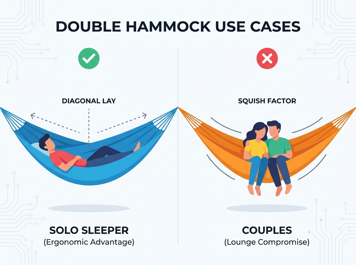 Double Hammock set up between two trees in a forest setting