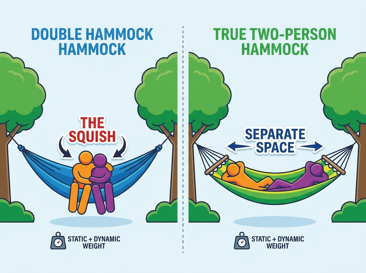 Two-person hammock setup in a forested camping environment