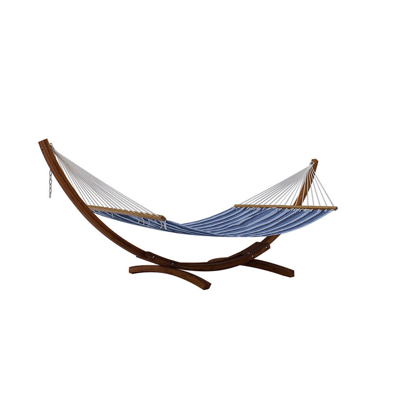 Curved Wooden 2-Person Hammock Stand with natural finish and anti-slip base