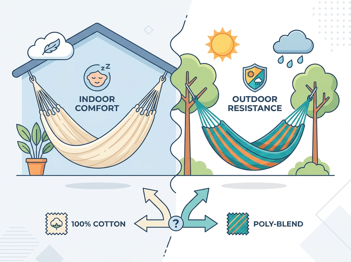A comfortable double hammock setup in a serene outdoor patio environment