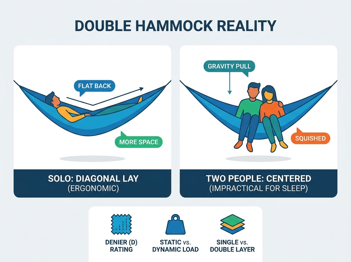 Double hammock dimensional sizing and outdoor setup