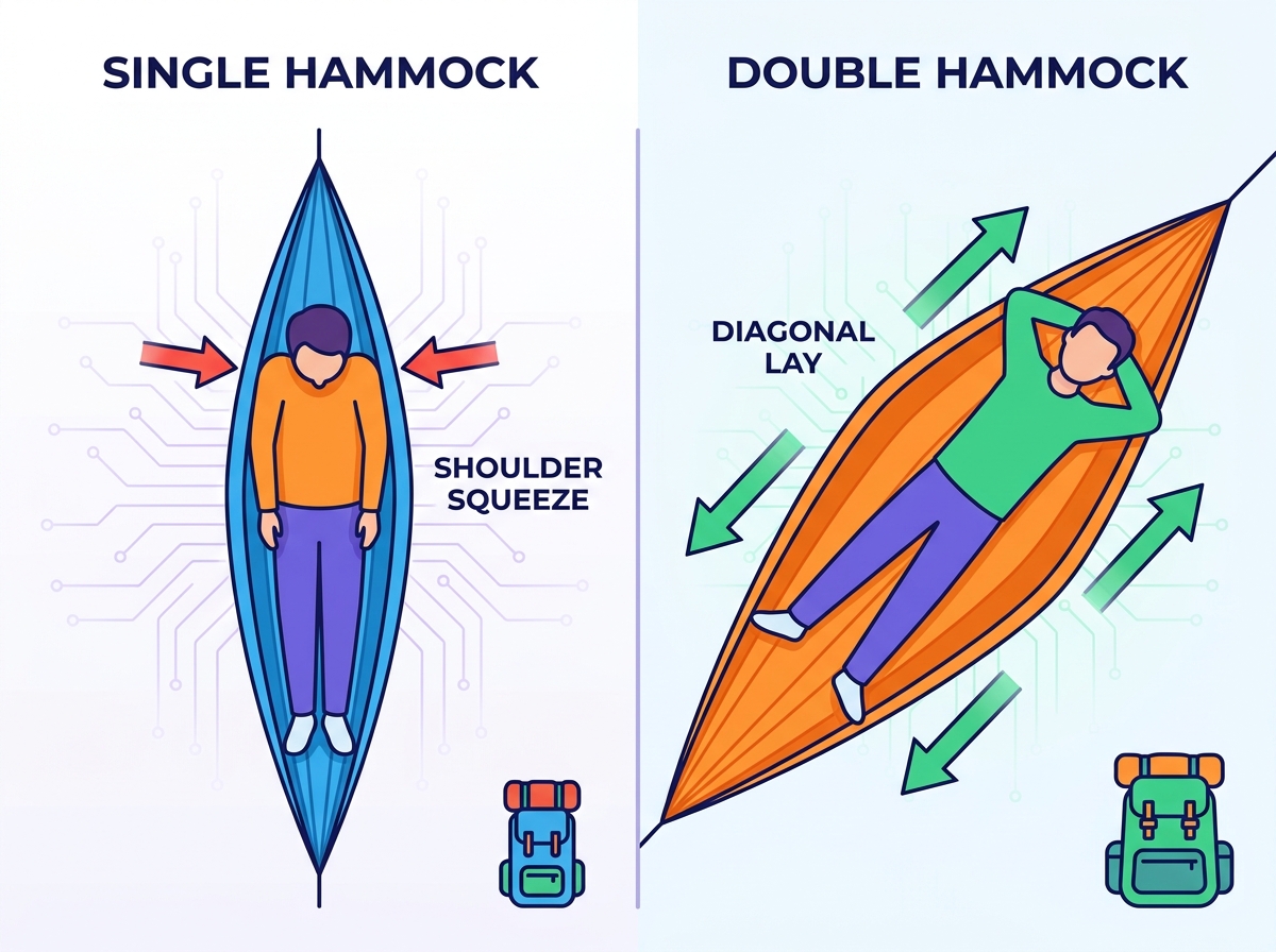 Double hammock setup showing wide fabric and comfortable sleeping posture