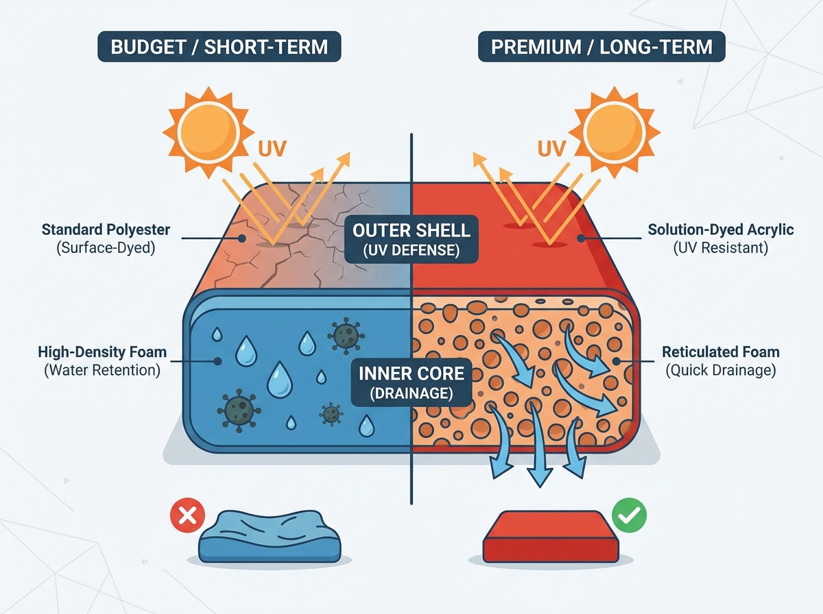 High-performing outdoor cushion composite layers showing fabric and foam structure
